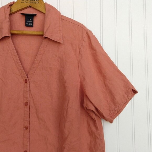 Lane Bryant Linen Top Plus Size 14/16 Terra Cotta Short Sleeve Button Up Collar - Picture 6 of 8